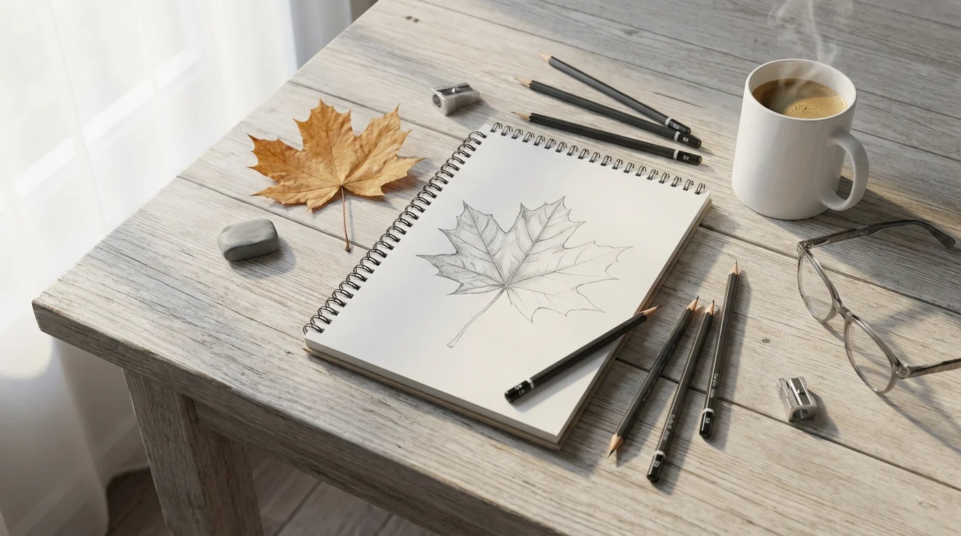 Flat lay of a sketchbook with a leaf drawing, pencils, and coffee.