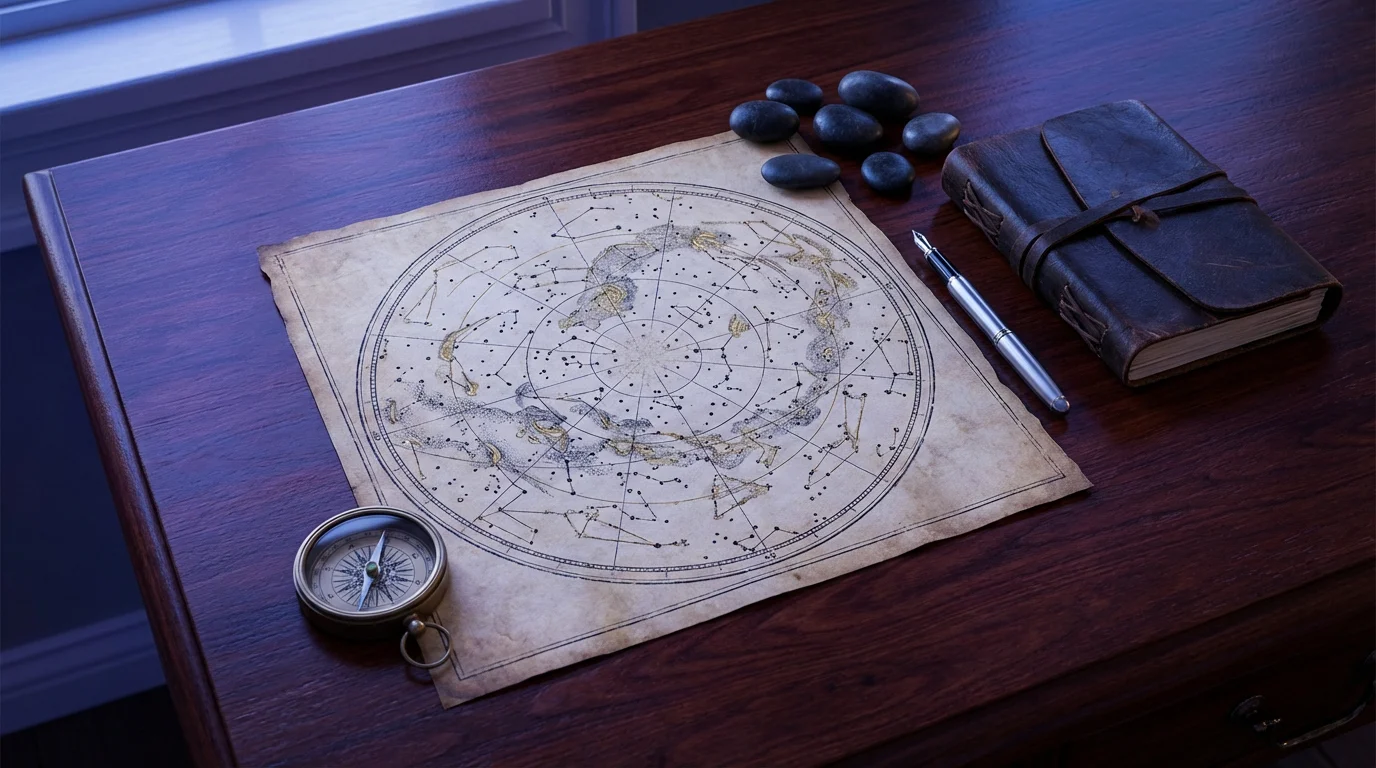 Flat lay of a star chart, compass, and journal representing purpose and direction.