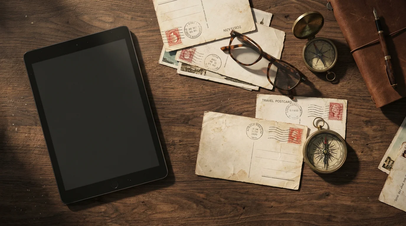 Flat lay of a tablet, vintage postcards, reading glasses, and a compass on wood.