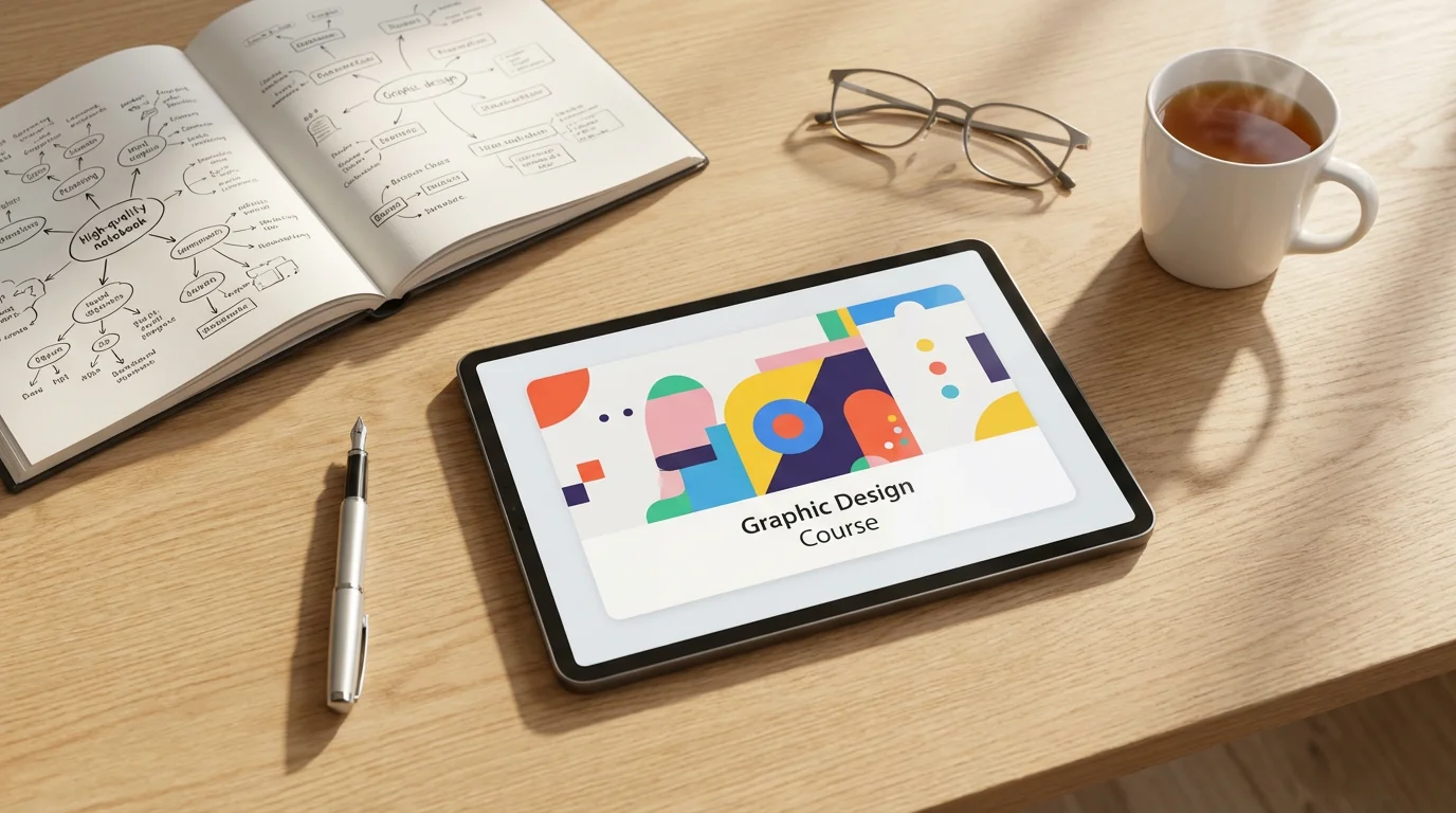 Flat lay of a tablet with a design course, notebook, and tea.