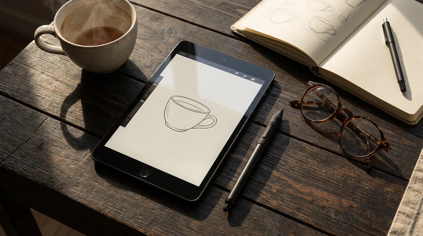 Flat lay of a tablet with a digital sketch on a wooden desk.