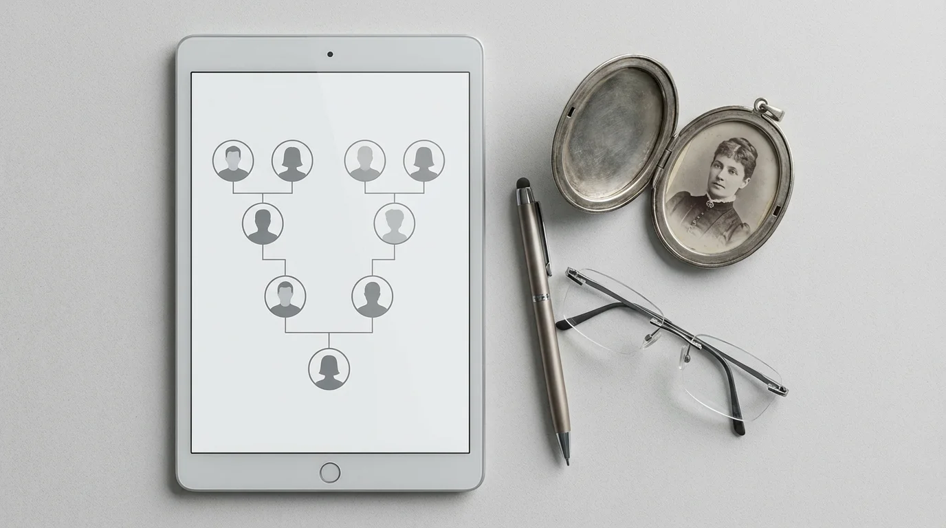 Flat lay of a tablet with a family tree graphic alongside historical artifacts.