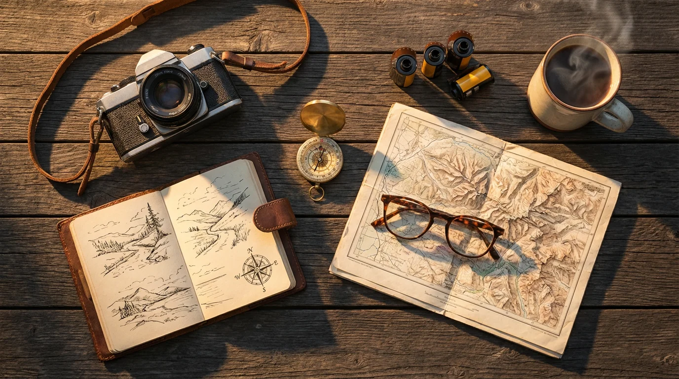 Flat lay of a vintage camera, map, and coffee on a wooden table.