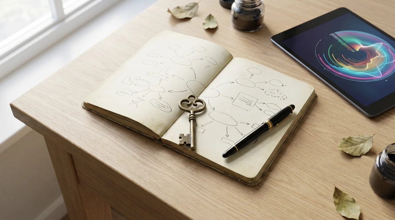 Flat lay of a vintage key, notebook, and tablet representing valuable transferable skills.