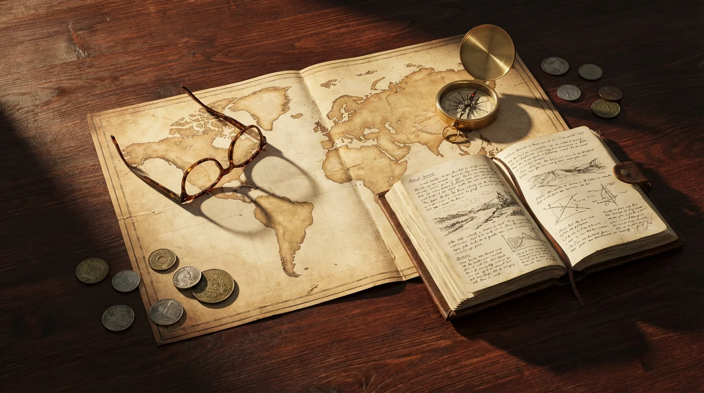Flat lay of a vintage map, compass, and journal for retirement travel planning.