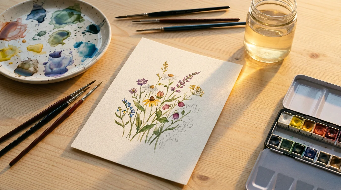 Flat lay of a watercolor painting project with art supplies on a wooden table.