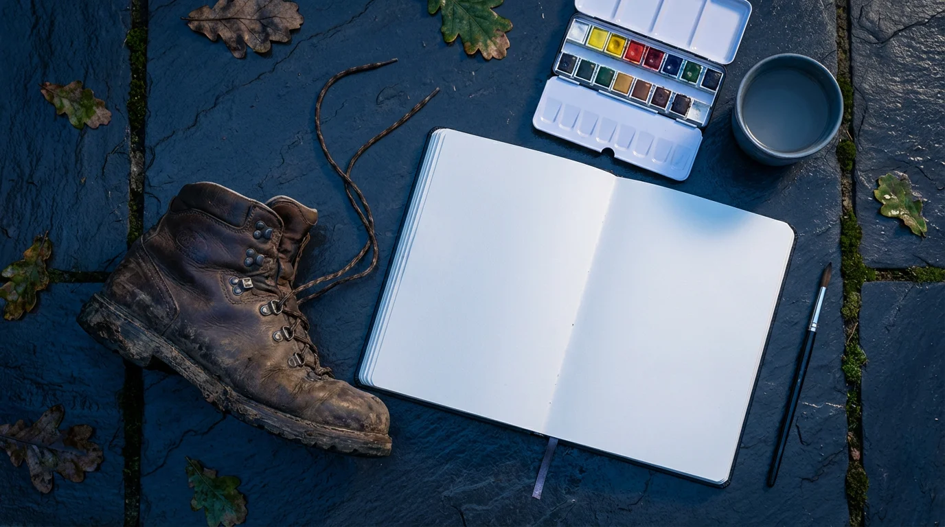 Flat lay of a worn hiking boot next to a blank sketchbook and watercolors.