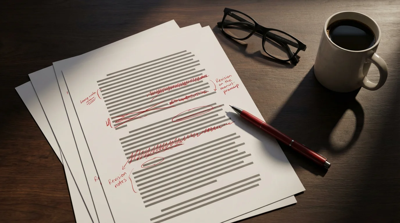 Flat lay of an edited manuscript on a dark wooden desk with red pen.