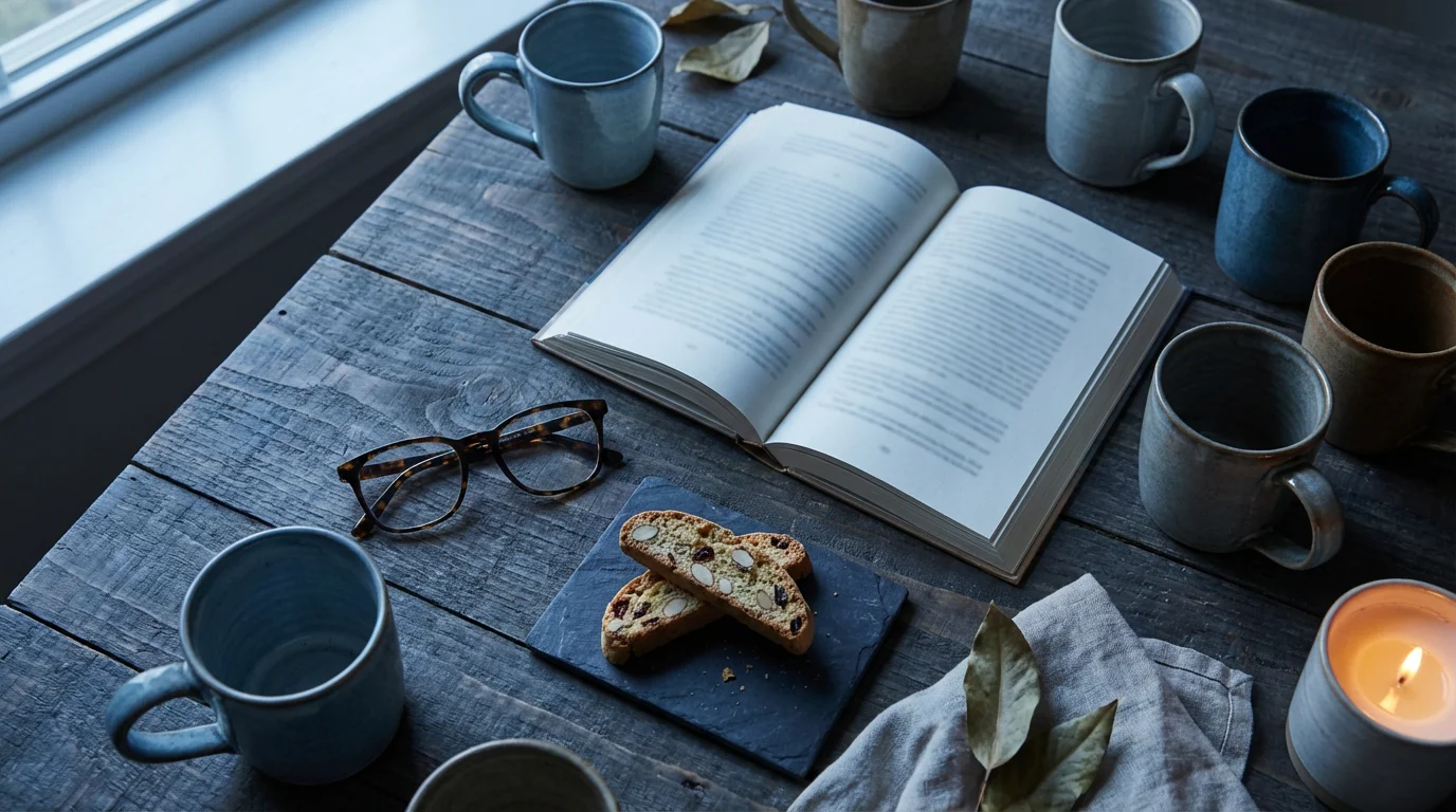 Flat lay of an open book, reading glasses, and several coffee mugs on a table.