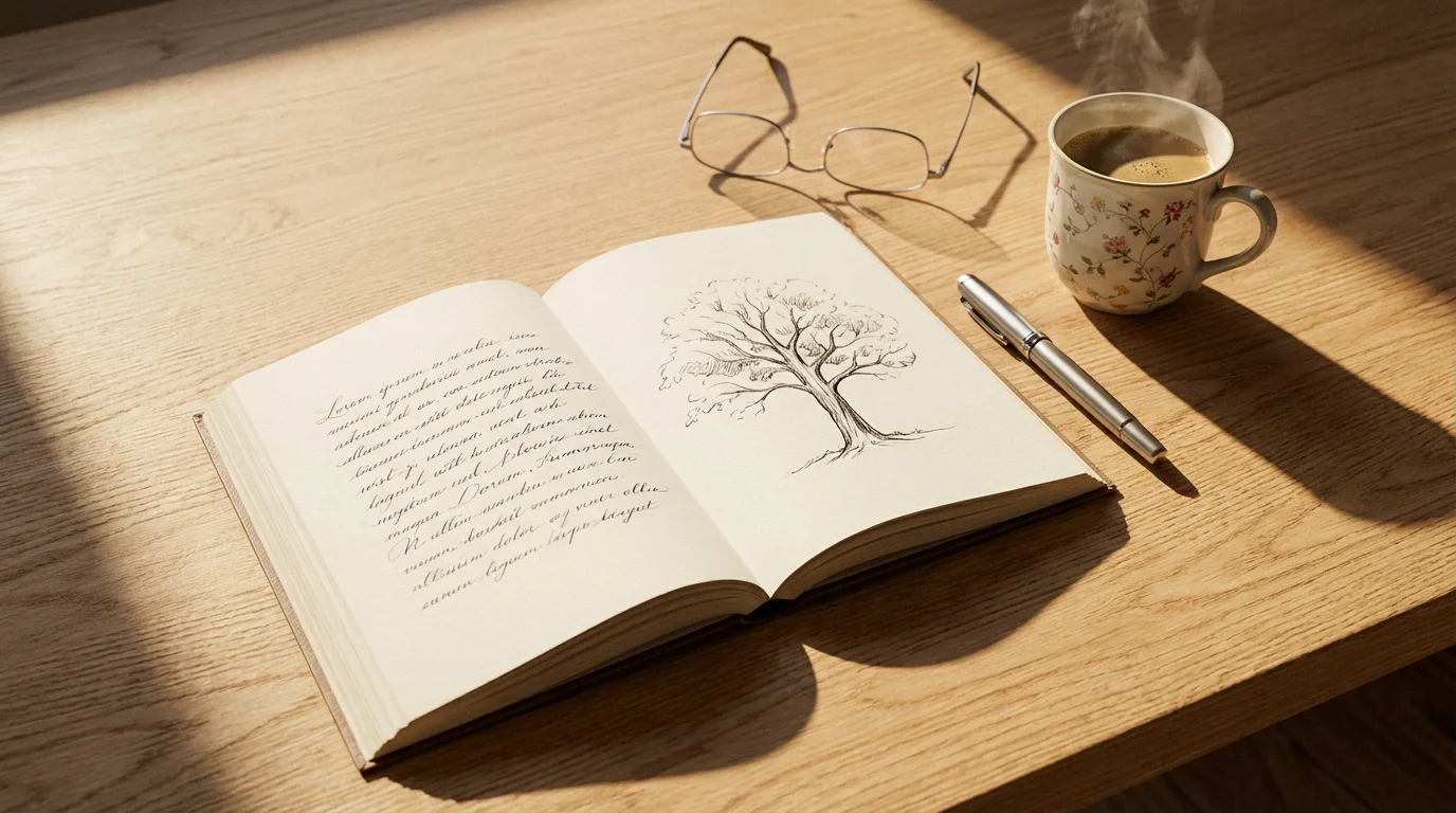 Flat lay of an open journal, pen, coffee mug, and glasses on a wooden table.