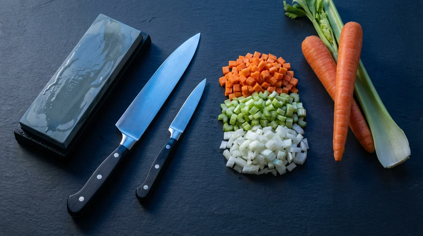 Flat lay of chef's knives, a whetstone, and finely diced vegetables on a slate countertop.