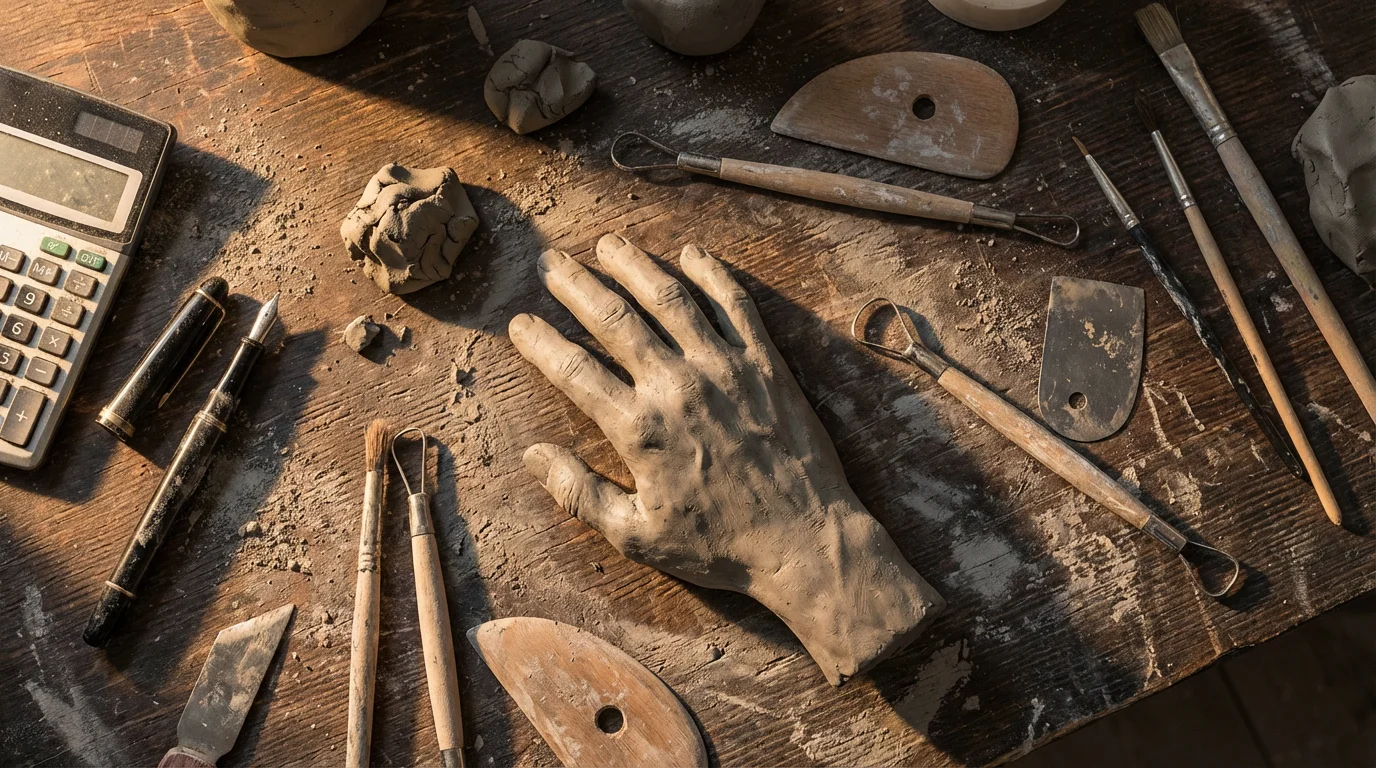 Flat lay of clay sculpting tools and a hand sculpture alongside a discarded calculator.