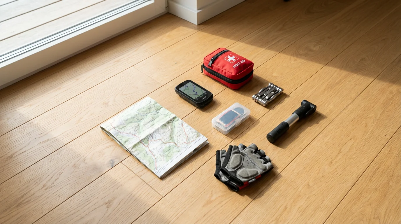 Flat lay of cycling gear, a map, and safety equipment for a trip.