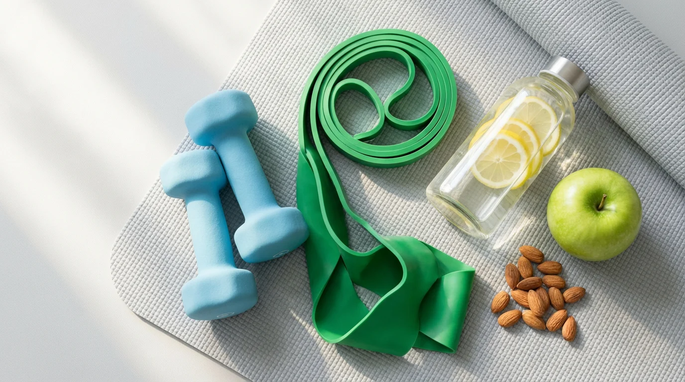 Flat lay of dumbbells, a resistance band, a water bottle, and healthy snacks.
