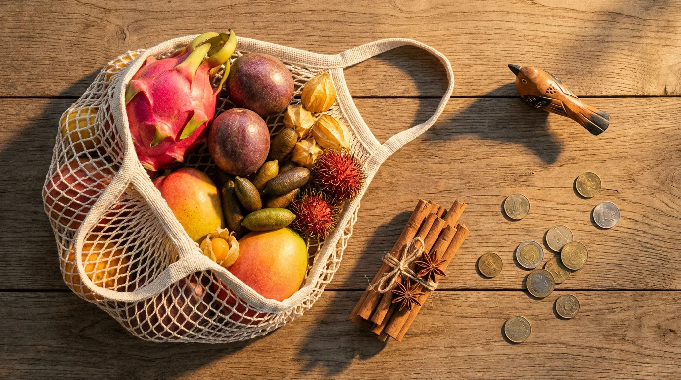 Flat lay of exotic fruits, spices, and souvenirs from a foreign market on a wooden table.