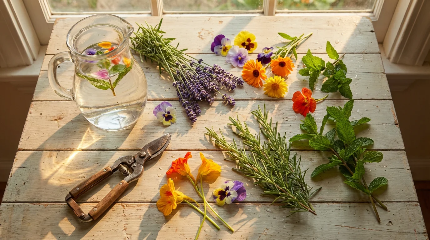 Flat lay of freshly harvested herbs, edible flowers, and infused water in golden light.