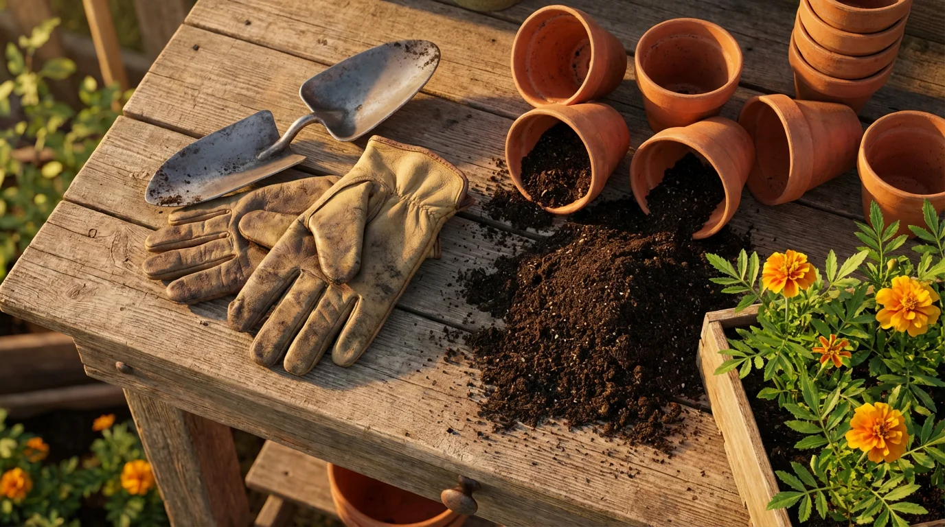 Flat lay of gardening tools, terracotta pots, and marigold seedlings at golden hour.