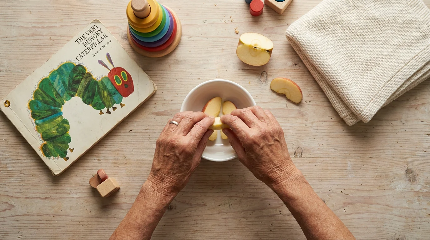 Flat lay of grandparent's hands preparing childcare items like books, toys, and healthy snacks.