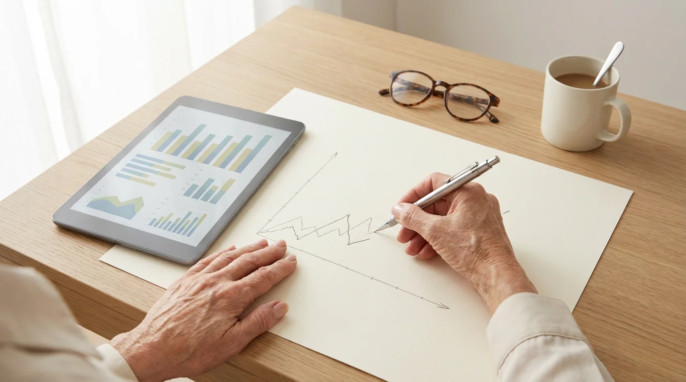 Flat lay of hands adapting a financial chart on a desk with a tablet.