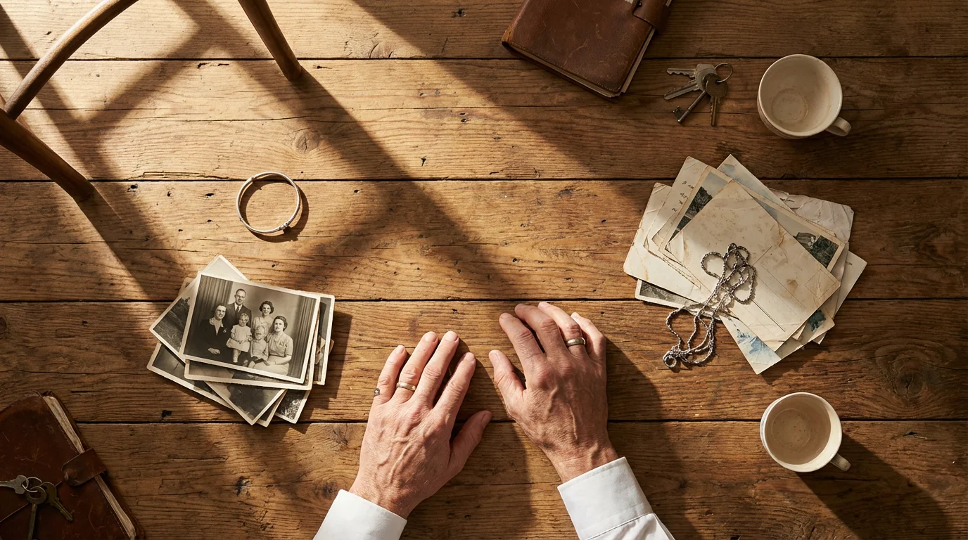 Flat lay of hands sorting personal keepsakes into piles on a sunlit wooden floor.
