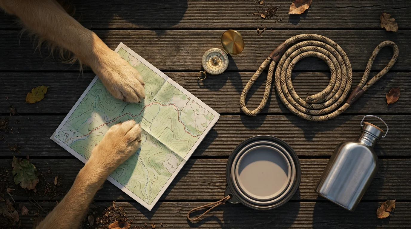 Flat lay of hiking essentials for an adventure with a dog on a deck.