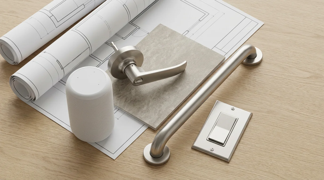 Flat lay of home accessibility products like grab bars, lever handles, and smart devices.