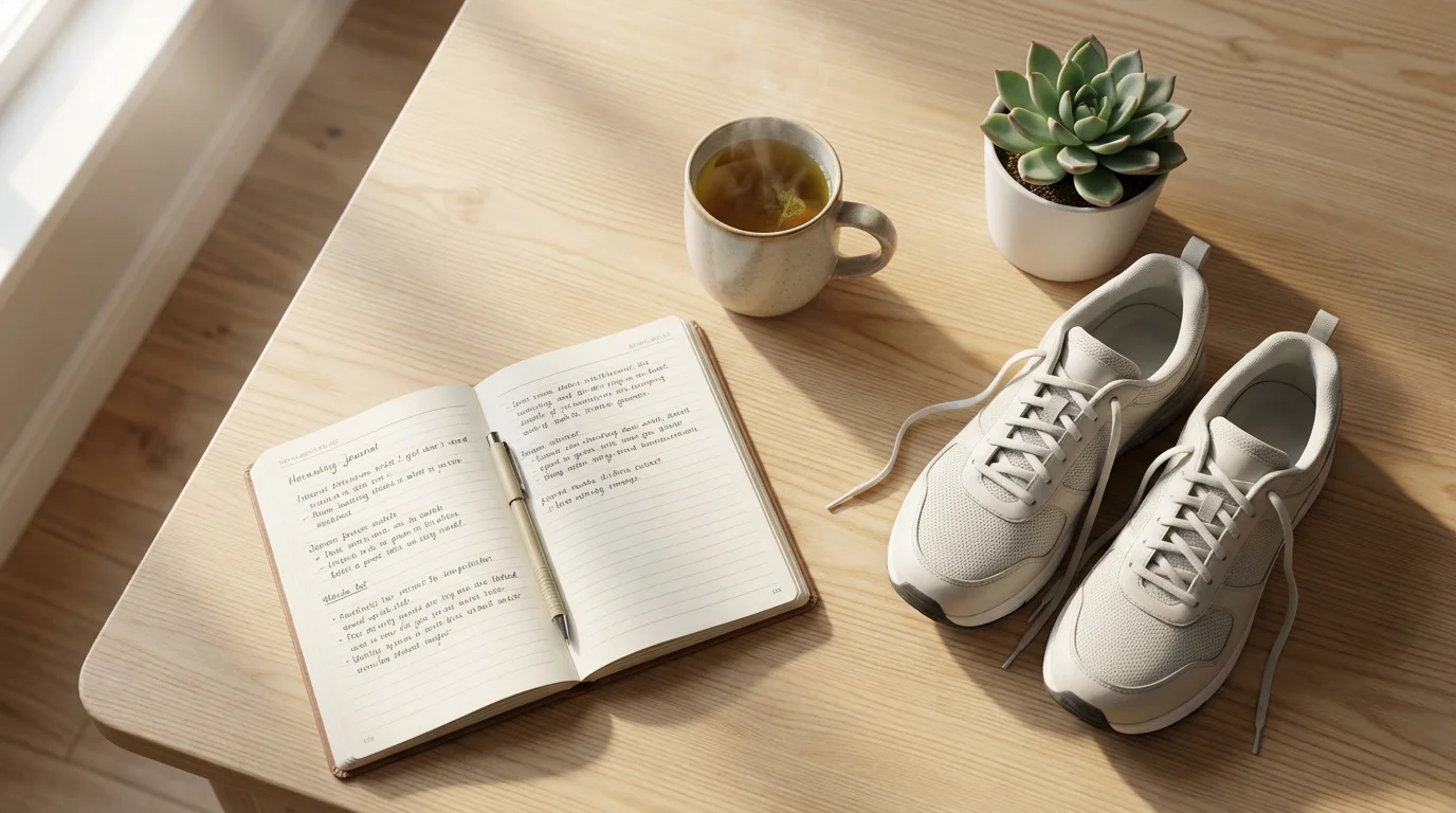 Flat lay of items for retirement wellness: journal, tea, sneakers, and a plant.