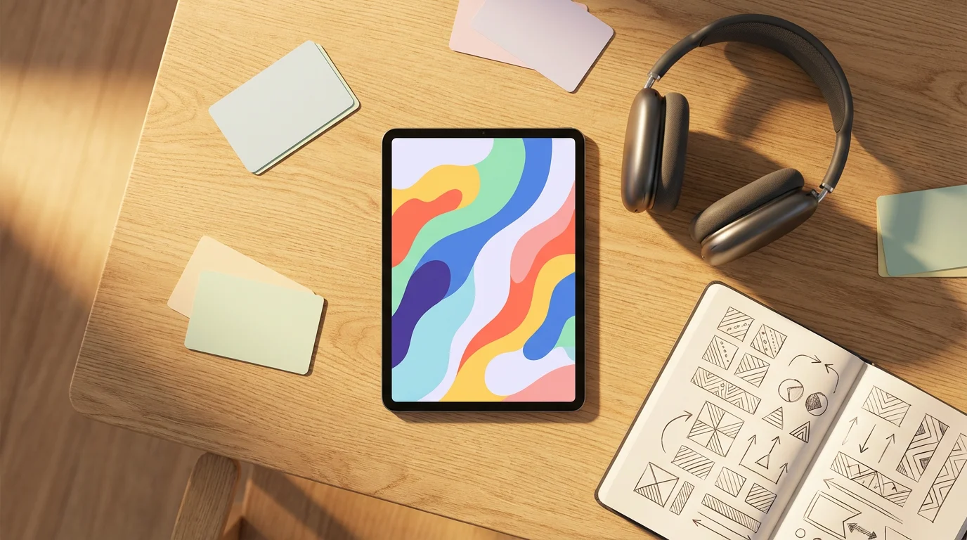 Flat lay of language learning tools like a tablet, headphones, and notebooks at sunset.