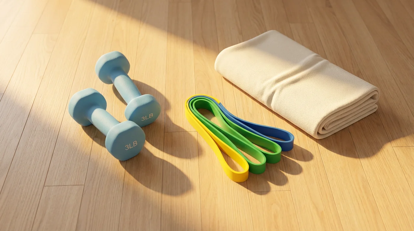 Flat lay of light dumbbells and resistance bands for senior strength training at sunset.