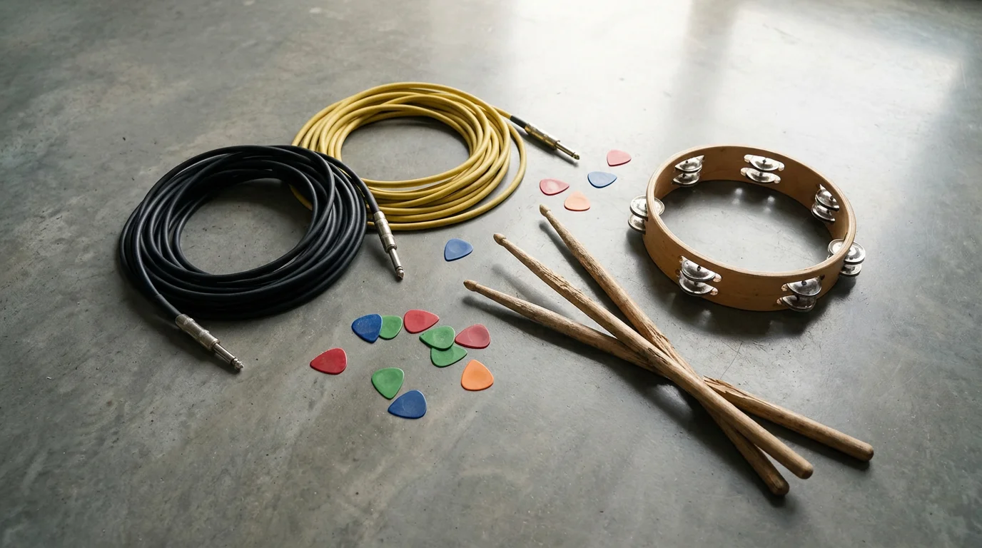 Flat lay of musical jam session items on a concrete floor with natural light.