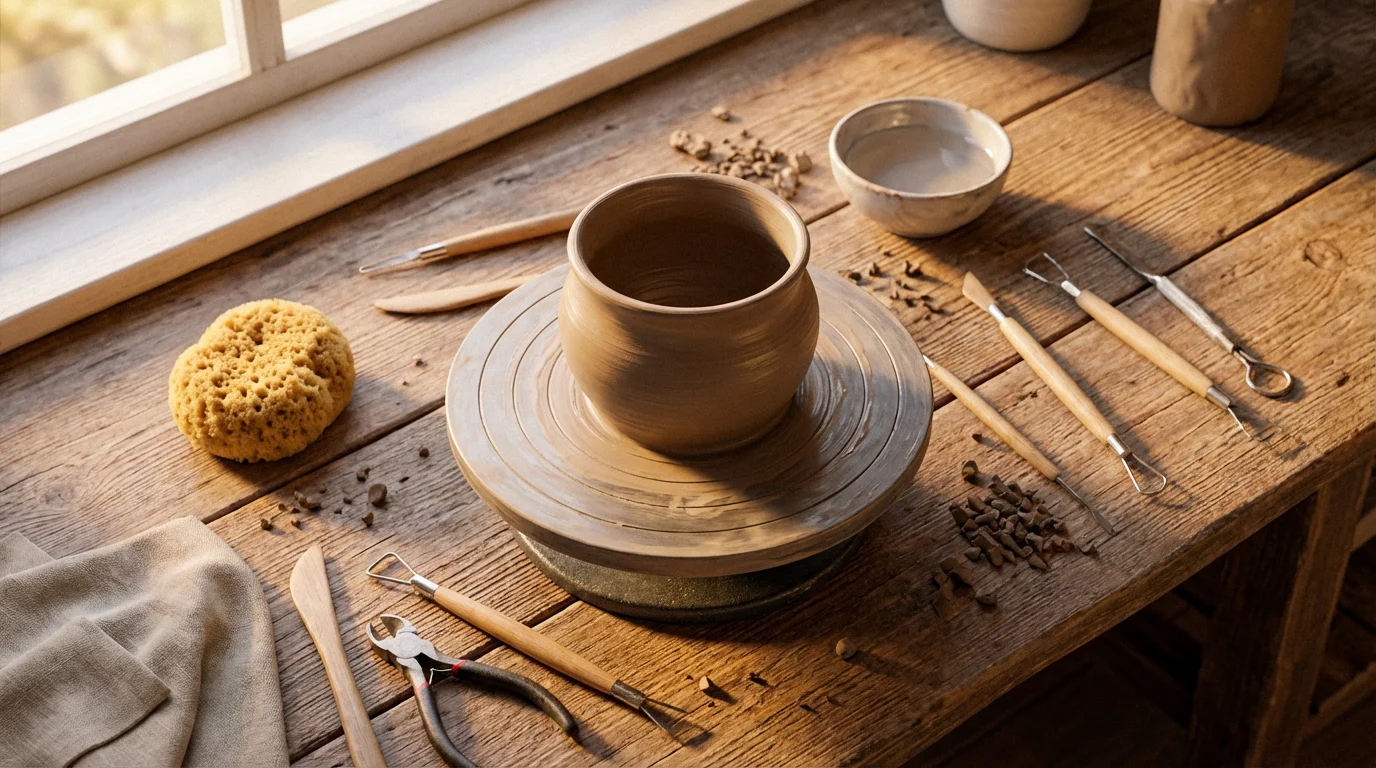 Flat lay of pottery tools and a half-formed clay pot during golden hour.
