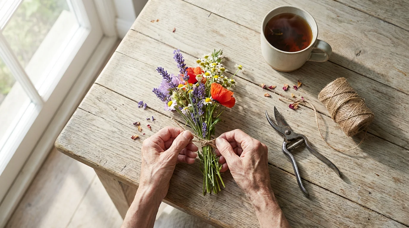 Flat lay of senior hands arranging flowers, symbolizing purposeful and engaging retirement activity.