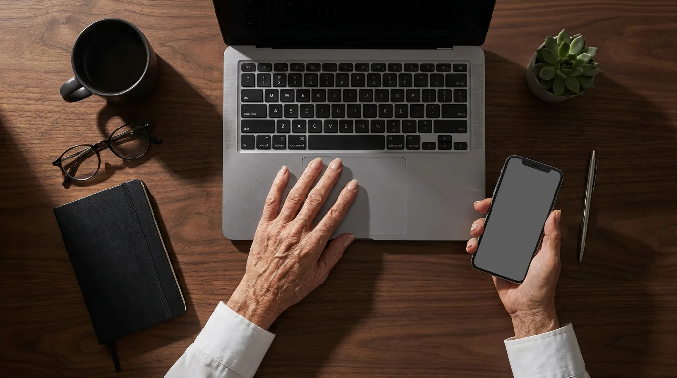 Flat lay of senior hands using a laptop and smartphone on a modern desk.