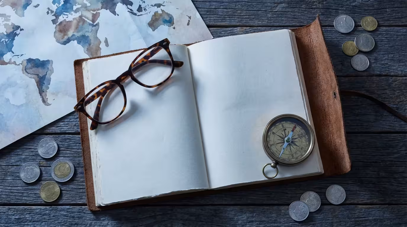 Flat lay of senior travel planning items: glasses, compass, journal on wood table.