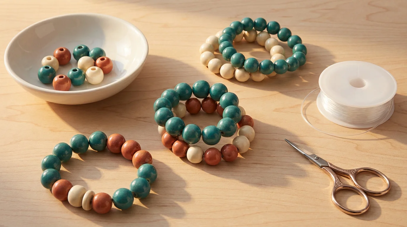 Flat lay of simple handmade ceramic beaded bracelets and jewelry making supplies at sunset.