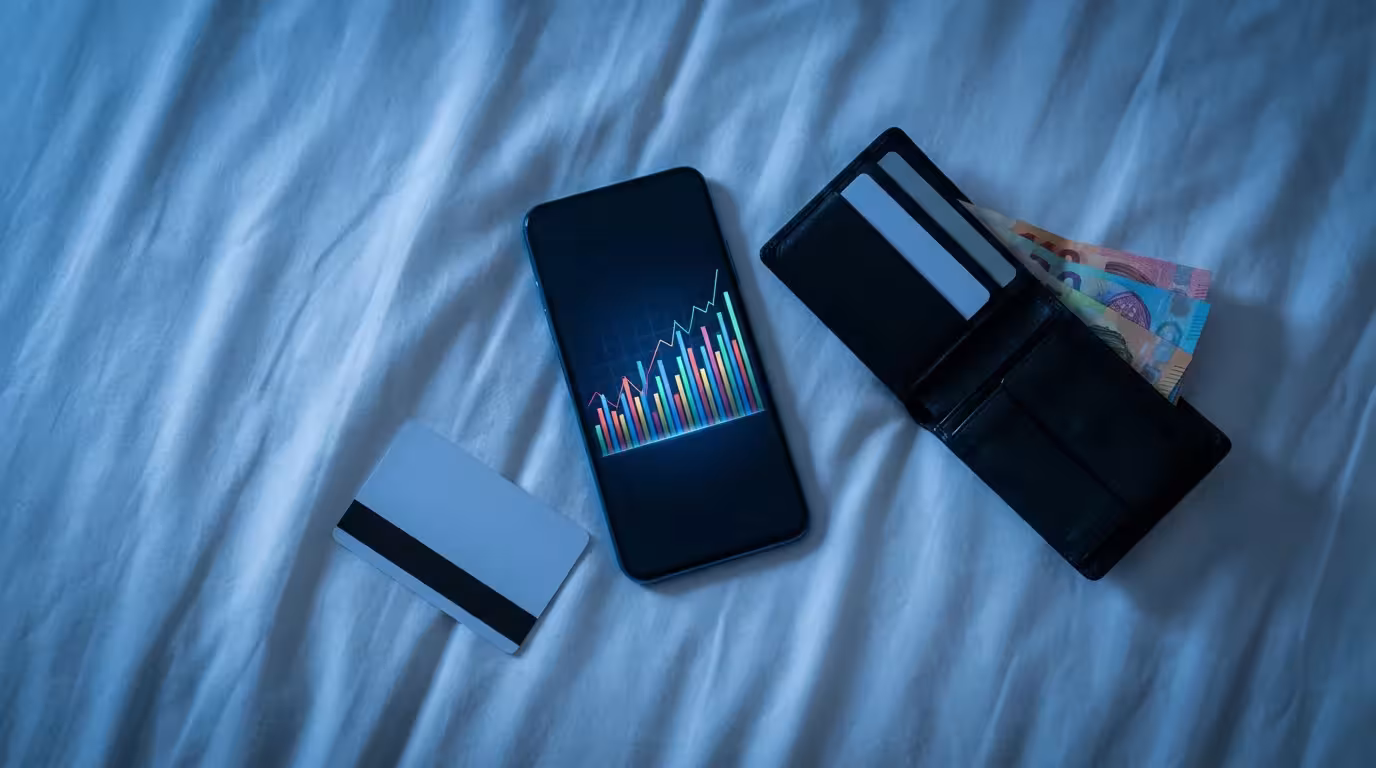 Flat lay of smartphone with financial charts, wallet, and foreign currency on a bed.