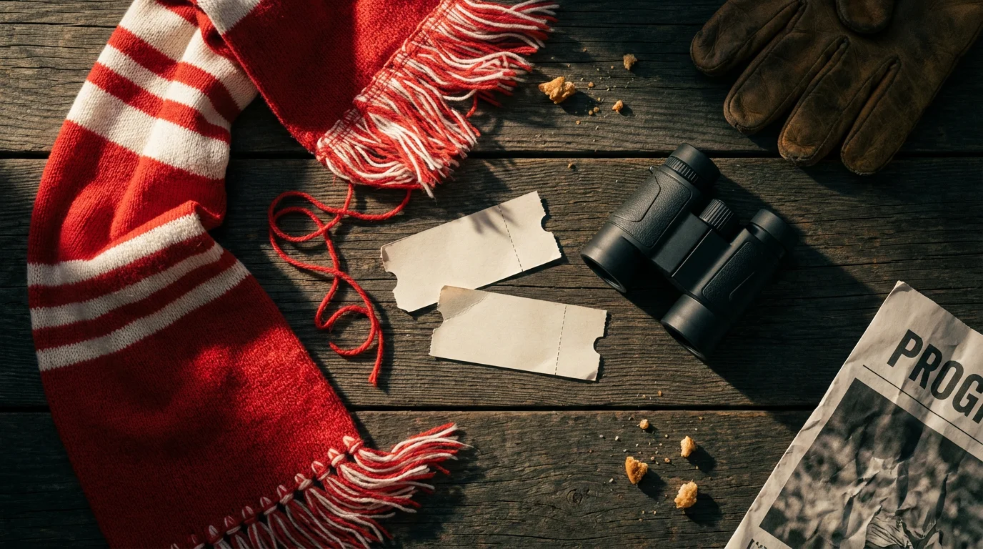 Flat lay of sports fan memorabilia including a scarf, tickets, and binoculars.