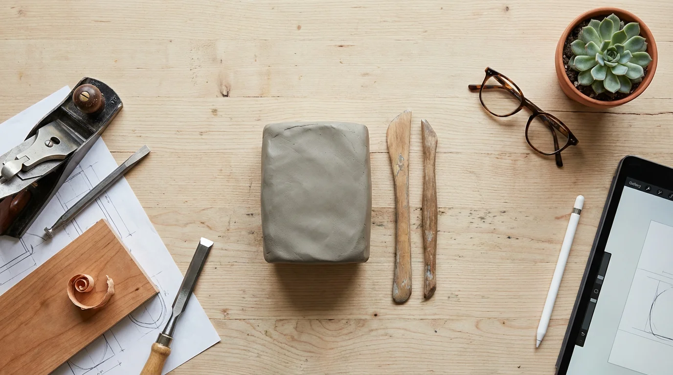 Flat lay of tools for different second-act careers like pottery, woodworking, and design.
