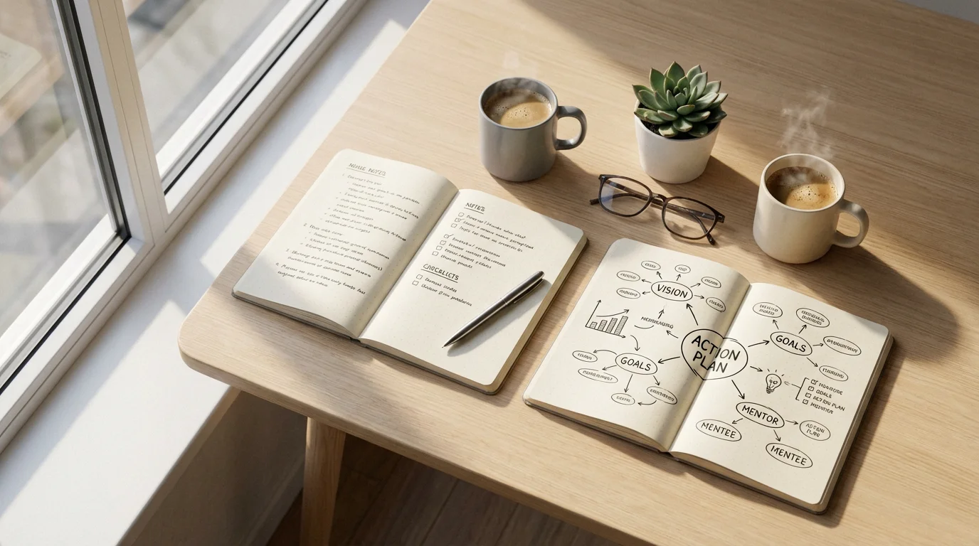 Flat lay of two coffee mugs and open notebooks on a sunlit wooden table.