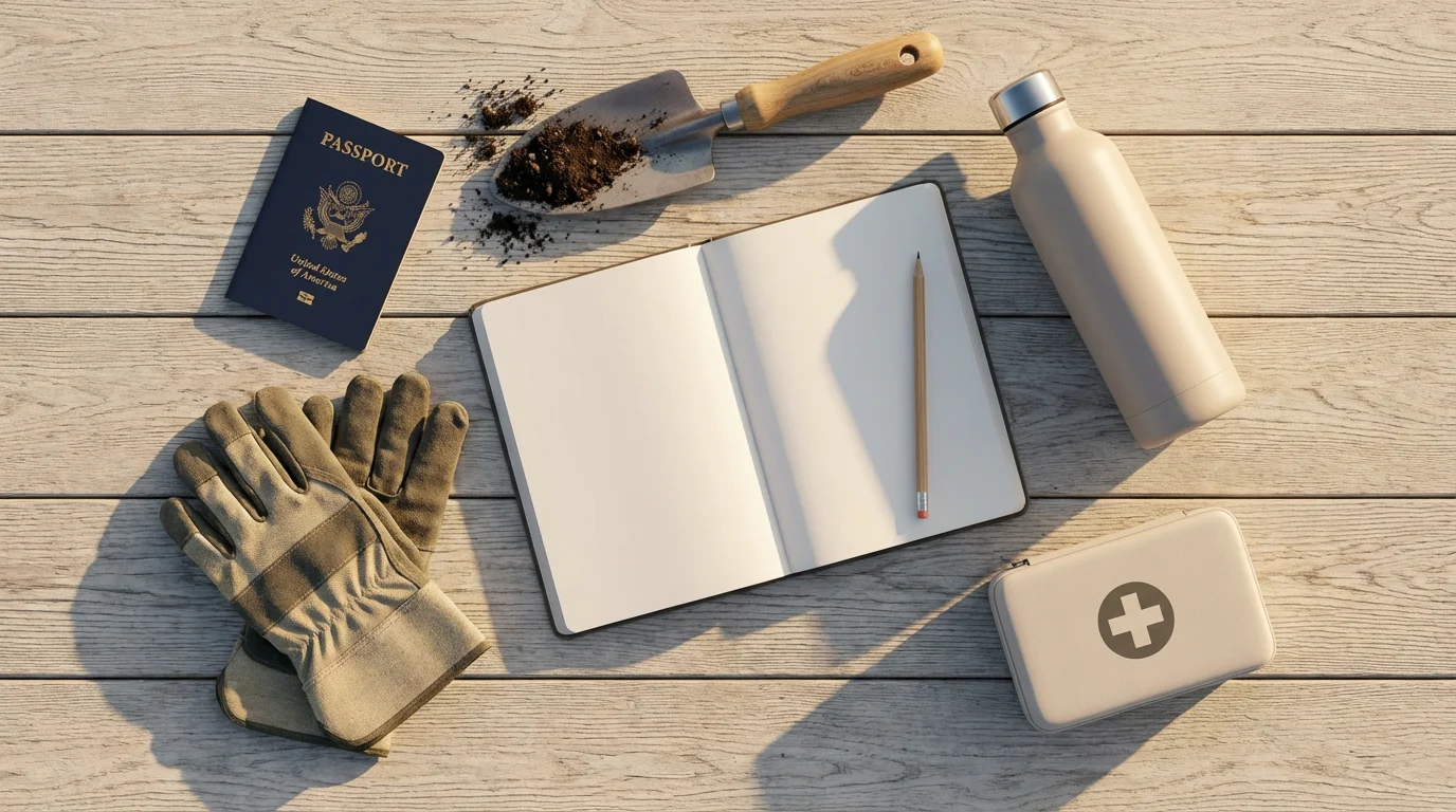 Flat lay of volunteer travel essentials like a passport, journal, and gardening tools.