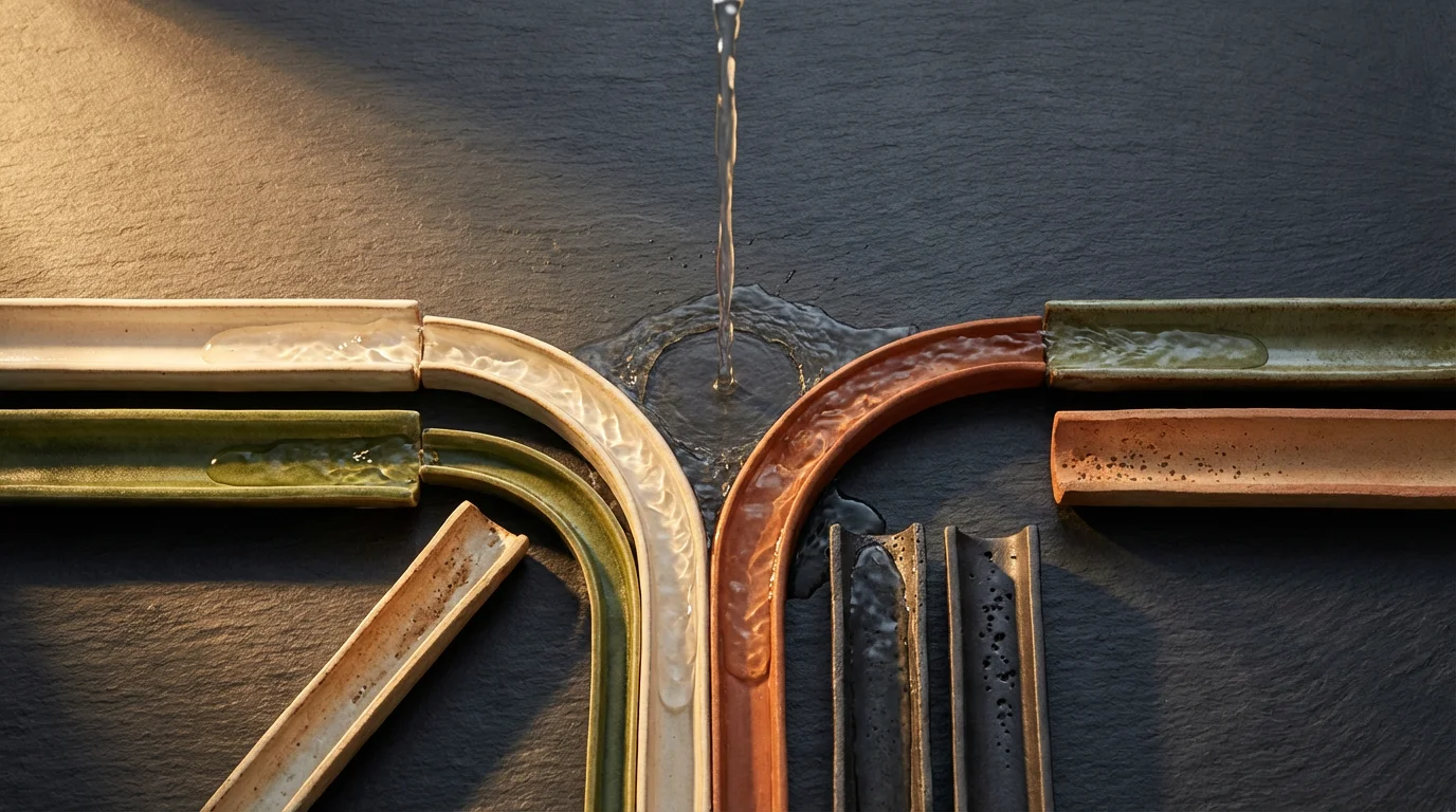 Flat lay of water splitting into several ceramic channels, symbolizing diversified income streams.