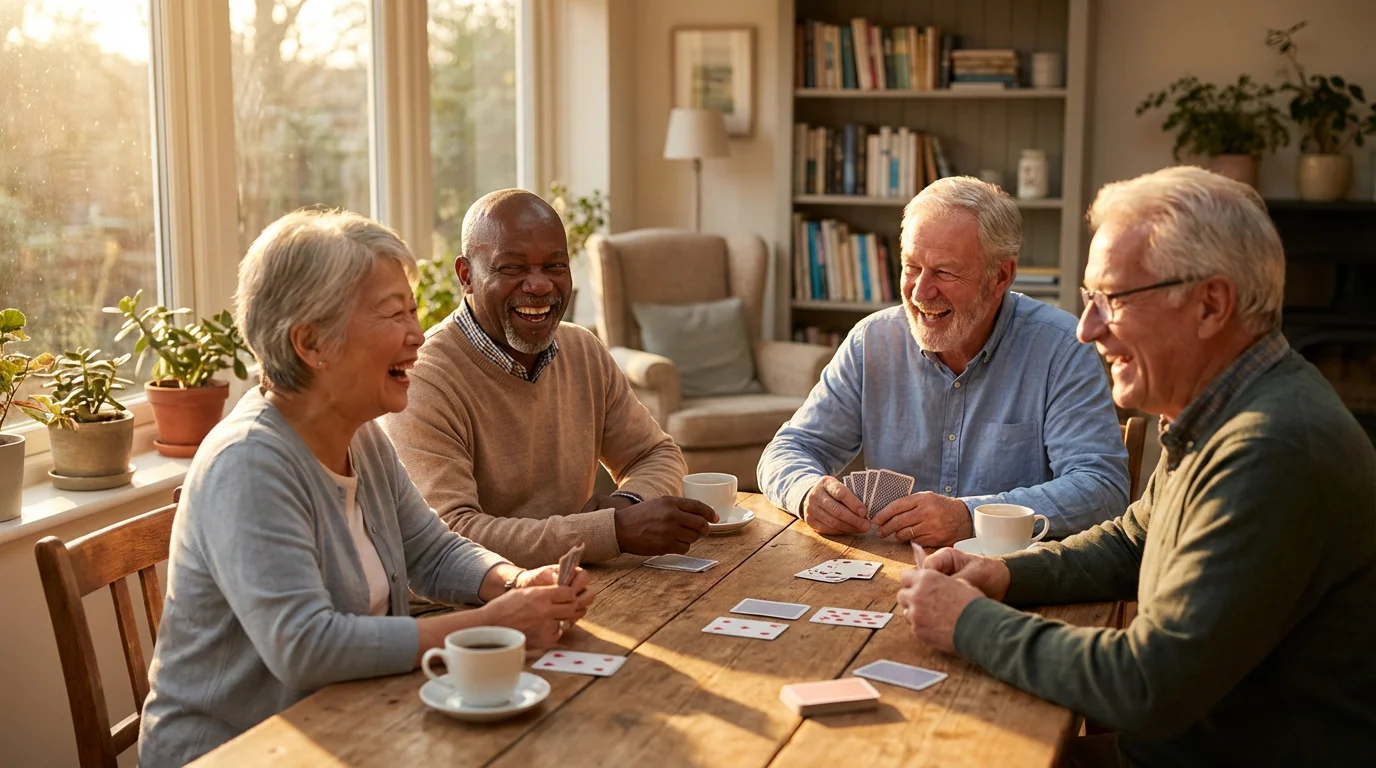 Four diverse seniors laughing and playing cards together in a sunlit room.