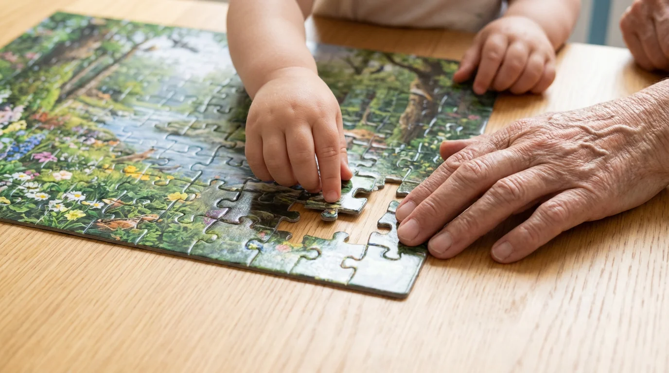 Grandparent and grandchild hands completing a colorful jigsaw puzzle together on a wooden table.