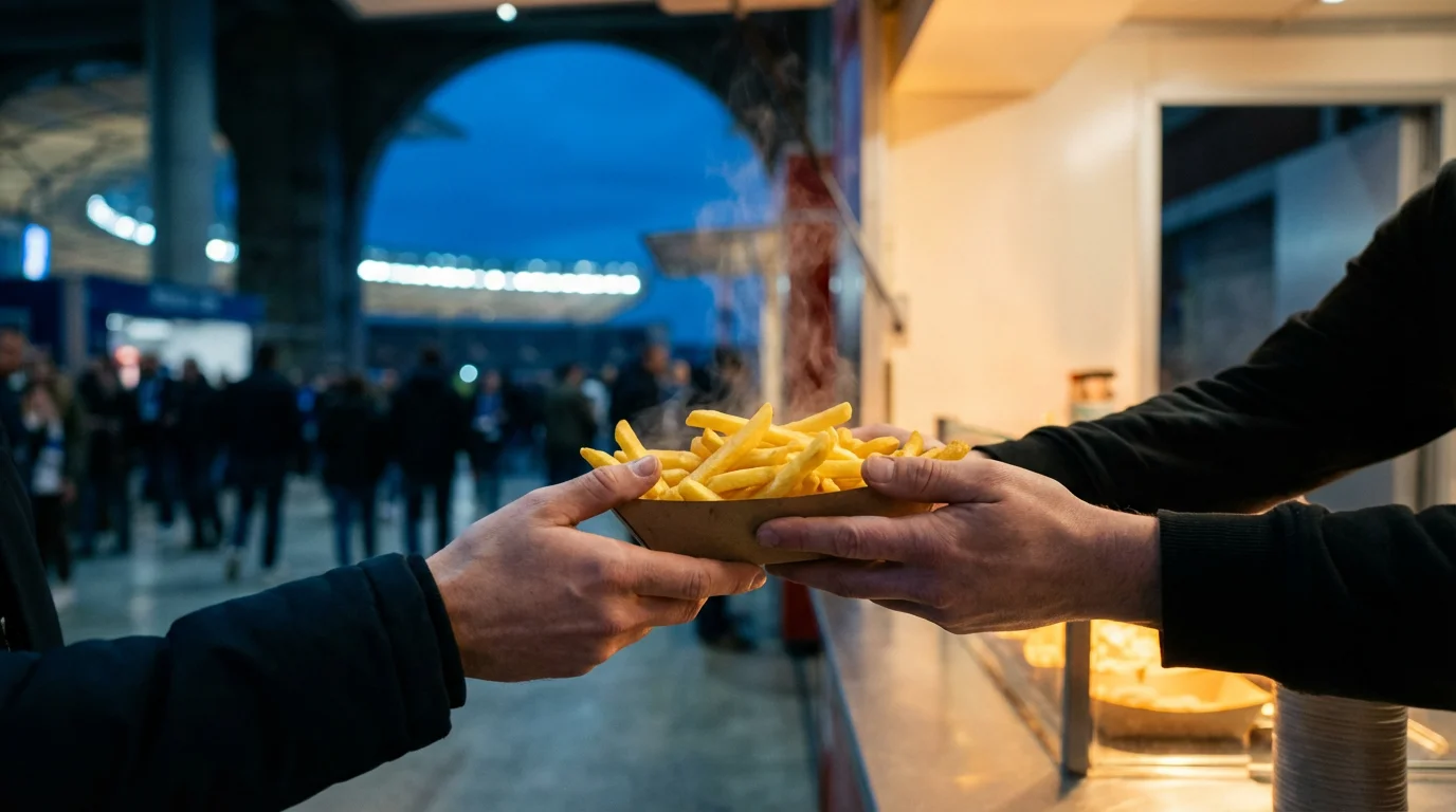 Hands accepting a tray of hot french fries from a stadium food vendor at dusk.