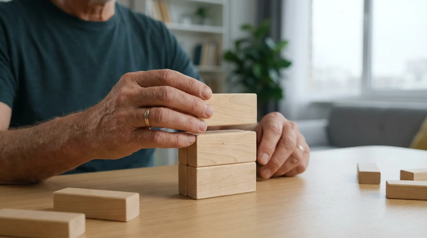 Hands of a senior person carefully stacking wooden blocks on a modern desk.