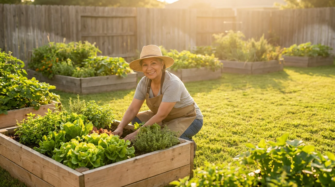 Healthy senior woman happily gardening in her lush backyard during golden hour light.
