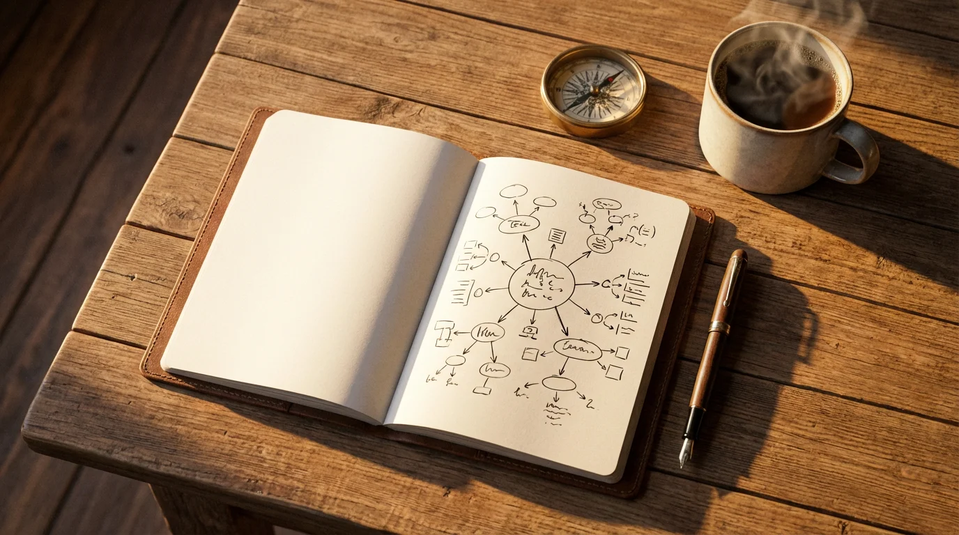 High-angle flat lay of a journal, pen, and compass on a wooden table.