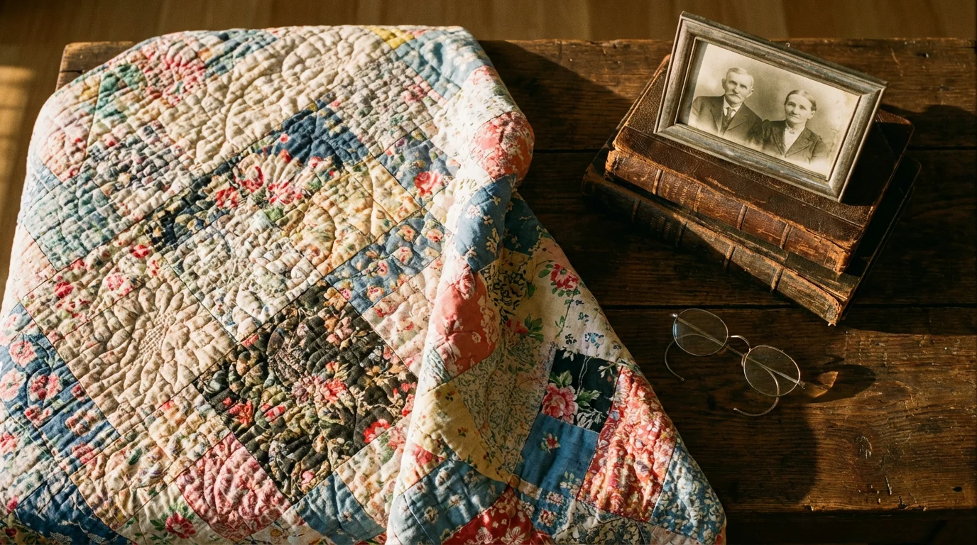 High-angle flat lay of a patchwork quilt beside old photo albums and glasses in warm light.