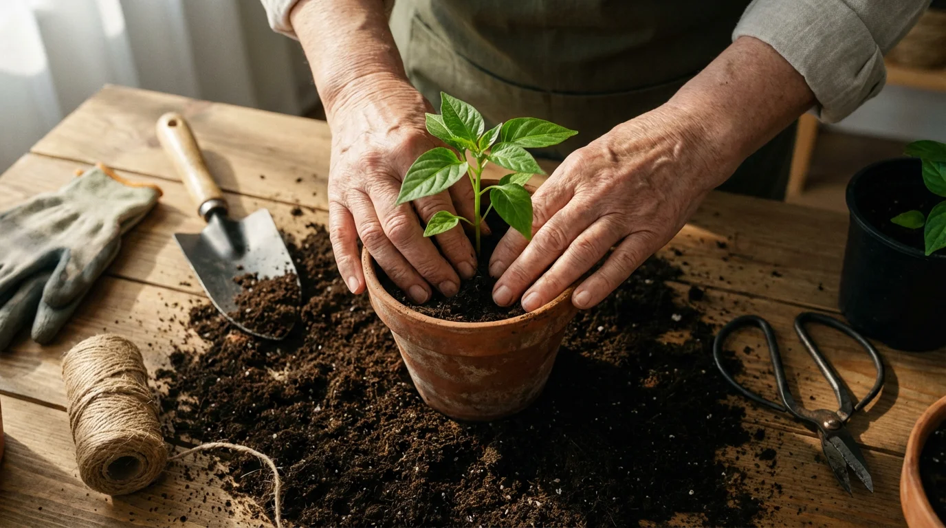 High angle flat lay of a senior's hands planting a small green seedling.