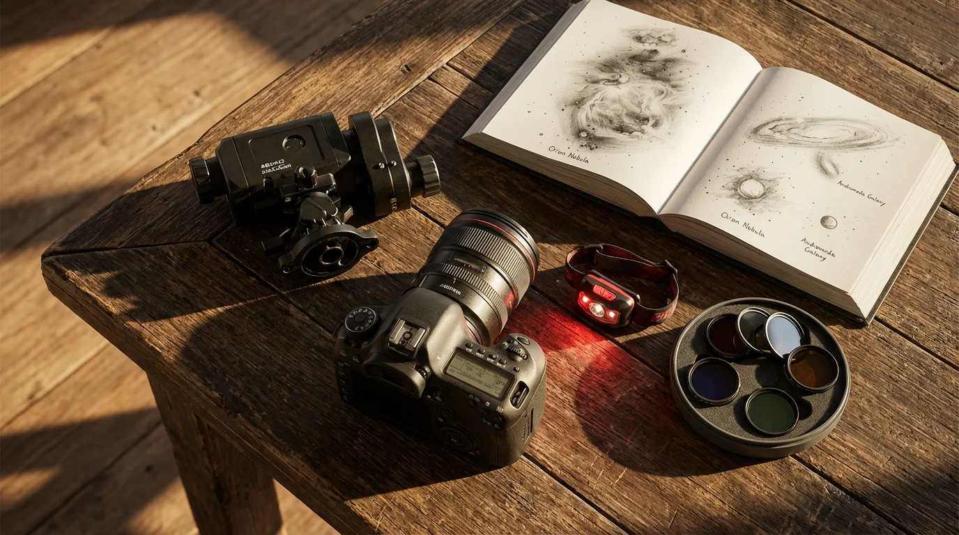 High angle flat lay of advanced astrophotography camera gear and sketches on a table.